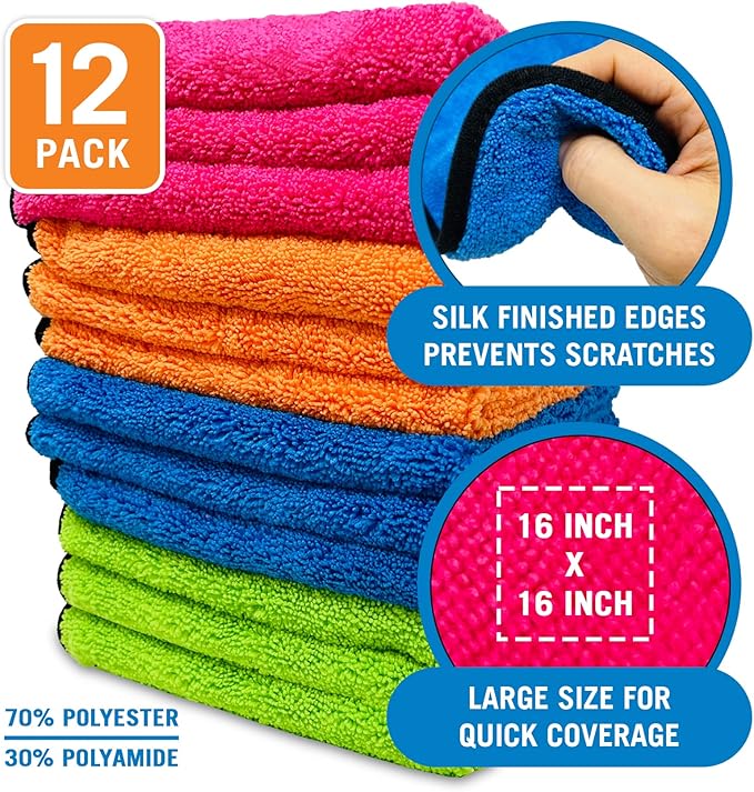 12 Pack Microfiber Cloth Kit, Lint-Free Cleaning Towels for Cars, Boats, and Home, Thick Large Microfiber Cleaning Cloths, Bulk Set