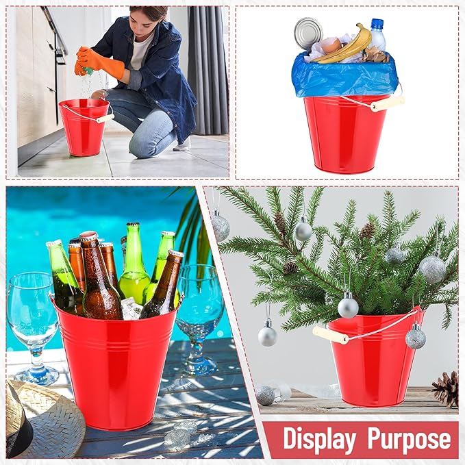 Zopeal 6 Pcs Large Metal Bucket Beer Bucket Galvanized Steel Pail with Handle for Gifts Basket Ice Candy Party(7.4 x 7.2 x 4.6 Inch,Red)