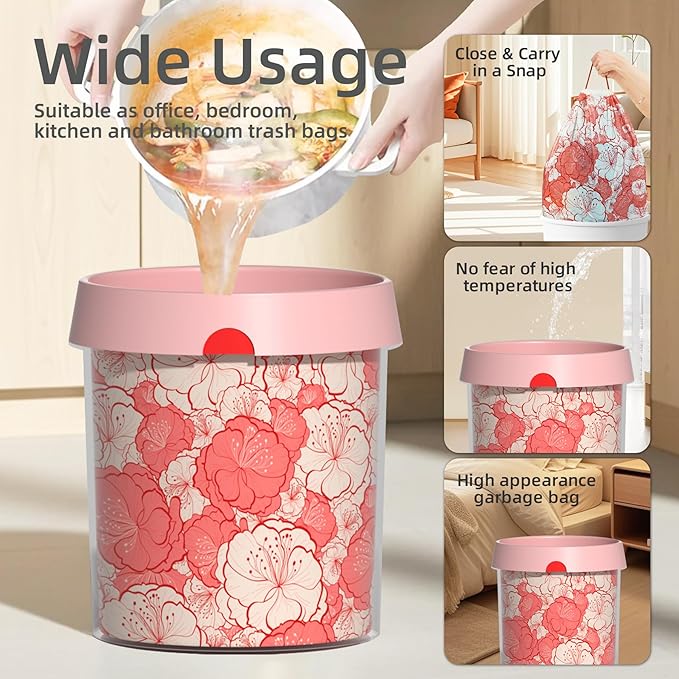 13 Gallon Trash Bags Drawstring, 50 Count Tall Kitchen Trash Bags, Sturdy Large Trash Bags, Plum Blossom Printed Garbage Bags 13 Gallon Tall Kitchen, Tear Resistant Kitchen Garbage Bags for Kitchen