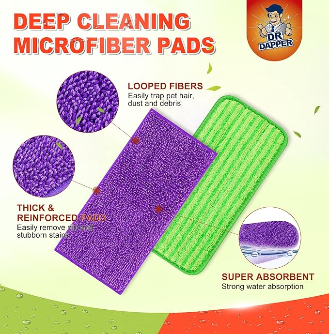 Reusable Mop Pad Compatible with Swiffer WetJet Mop, 4 Pack Wet Jet Refill Pads, Microfiber Mop Pad for Floor Mopping and Cleaning, Wet & Dry Use for Swiffer Wet Jet Pads, Green and Purple