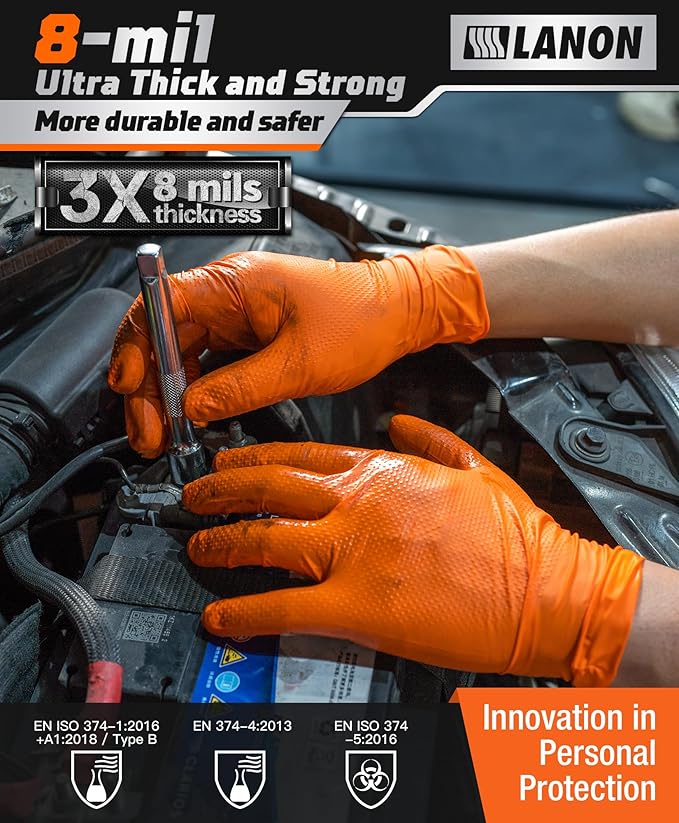 LANON 8mil Orange Disposable Nitrile Gloves, Mechanic, Heavy Duty, Food Safe, Latex Free, Powder Free, Fully-Diamond Textured, XL