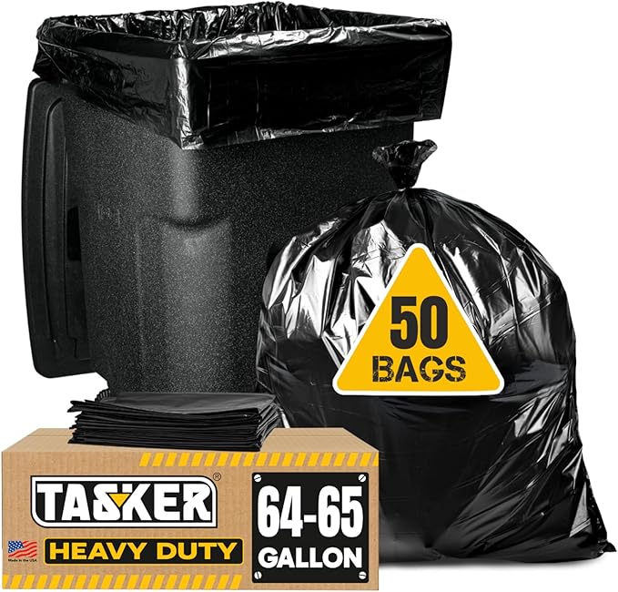 Tasker 65 Gallon Trash Bags Heavy Duty | 50 Count with Ties | Extra Large 64 Gallon Trash Bags for Toter | Garbage Bag 65 Gallon Trash Can Liners