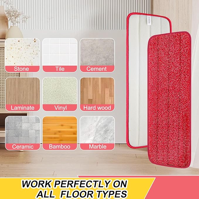 Set of 3 Microfiber Spray Mop Replacement Heads for Wet/Dry Mops Reusable Replacement Refills Fits for Bona Floor Care System (red)