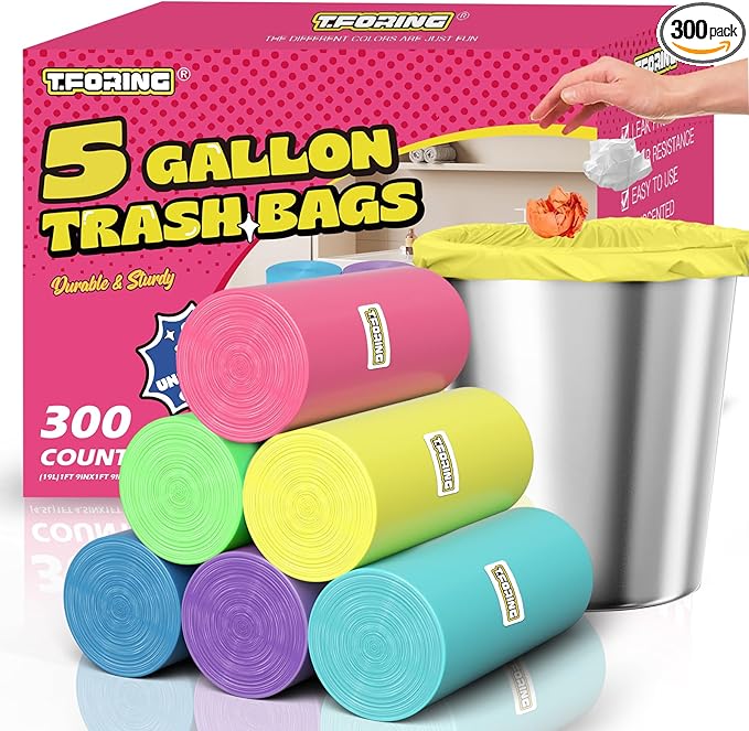 300 Count 5 Gallon Trash Bags - 18 Liter Colored Small Garbage Bags Unscented Wastebasket Liners 0.94 Mil Thick & Leakproof for Home Office Bedroom Bathroom
