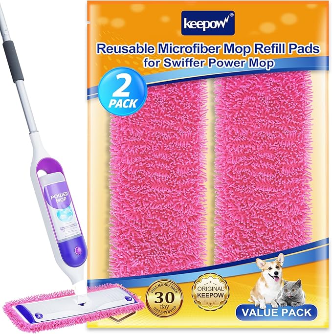KEEPOW Reusable Mop Pads Compatible with Swiffer PowerMop, Wood Floor Pads Microfiber Mop Replacement Refills Machine Washable for All Floor Surfaces 2 Pack