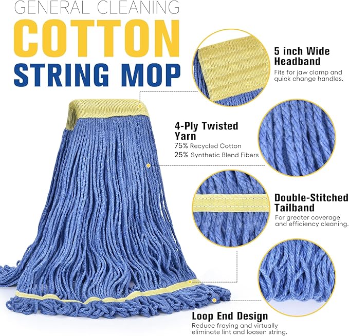 Matthew Cleaning Heavy Duty Mop Head Replacement, 5 Inch Wide Headband, Color Coded Looped End Cotton String Wet Mops for Floor Cleaning, Large Size 24 oz, 8 Pack