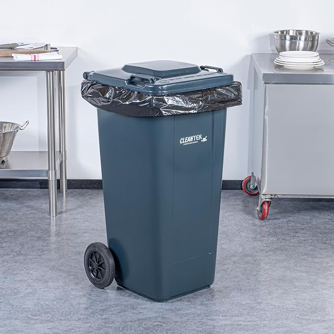 Restaurantware-Clean Tek Professional 32 Gallon Trash Can With Wheels, 1 Garbage Can With Lid - Step-On Attachment Sold Separately, Rectangle, Gray Plastic Dustbin, Long-Lasting, For Outdoor
