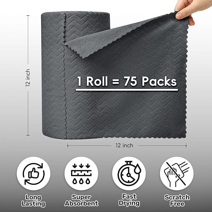 Microfiber Cleaning Cloths Roll, 75 Pack Tear Away Microfiber Towels Roll, 12" x 12" Lint Free Rags, Reusable Cleaning Cloths,Washable,Scratch Free,Ultra Absorbent Dish Rags(Dark Grey Ripple)