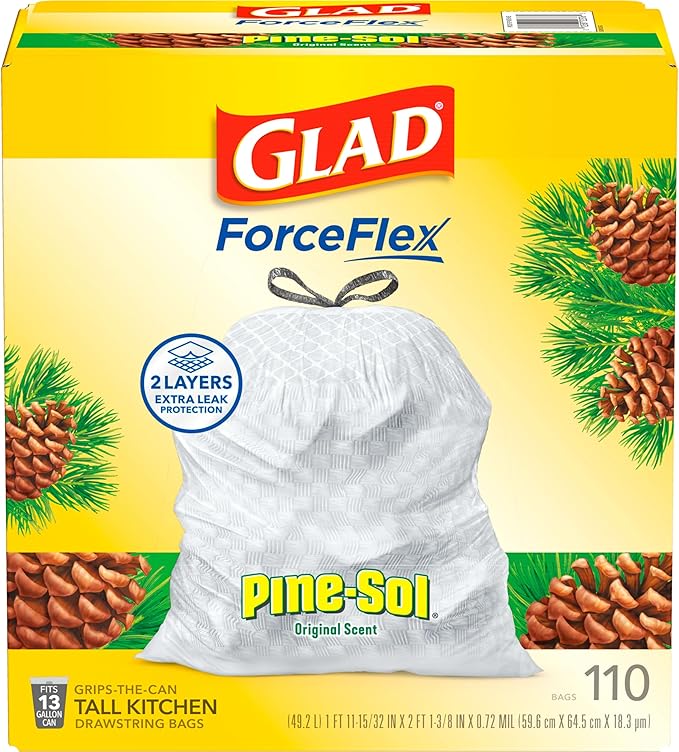 Glad ForceFlex Tall Kitchen Trash Bags, 13 Gal, Pine-Sol Original, 110 Ct (Package May Vary)