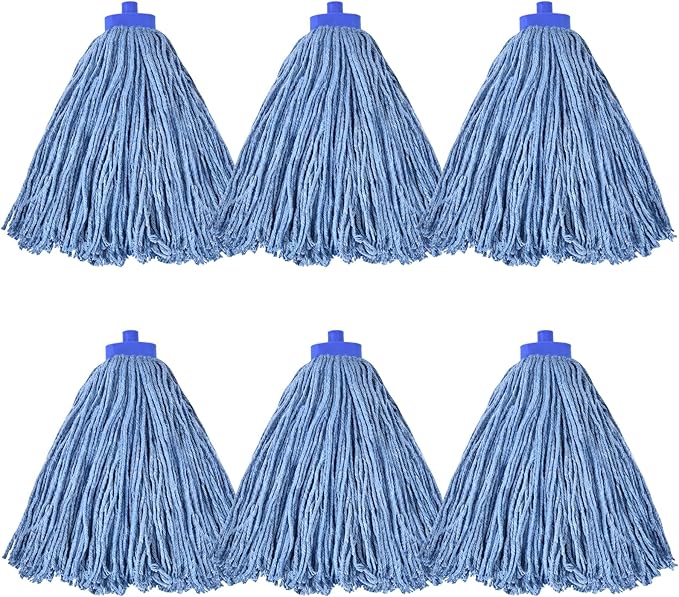 Matthew Cleaning Screw-on Heavy Duty Cotton Wet Mop Replacement Heads(Blue, Medium,6 Pack) with 2 Pack Microfiber Cloth for Residential & Commercial Floor Cleaning Use- Fit Standard American Screw