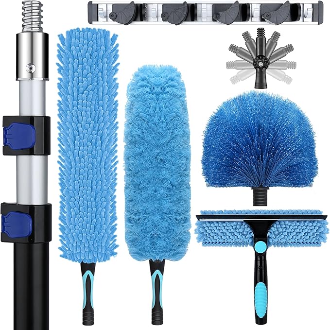20ft High Ceiling Duster Kits with 5-12ft Heavy Duty Extension Pole - Fan Blade Cleaner, Cobweb Remover & Blue Window Squeegee Kit, Washable Dust Brush for High Roof and Glass Surfaces