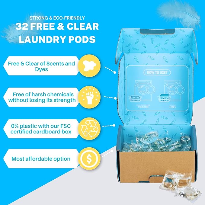 Laundry Detergent Pods Free & Clear, Unscented, 32 Count, Eco Friendly, Biodegradable, HE Compatible, 32 Count, Powerful Stain & Odor Removal, Skin Friendly