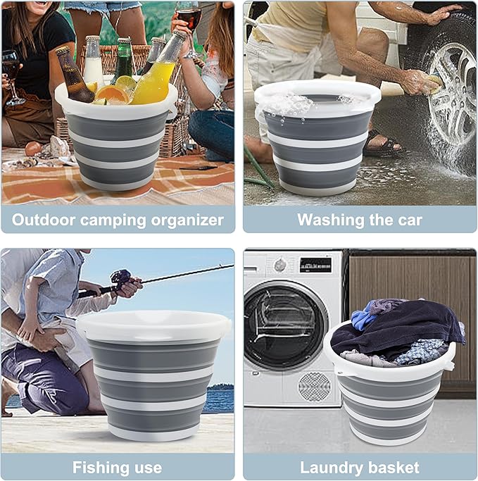 2 Pack Collapsible Bucket, 2.6 Gallon (10L) - Foldable Mop Bucket for House Cleaning, Car Washing, Camping - Portable Water Pail for Outdoor, RV, Travel (Grey, Round)