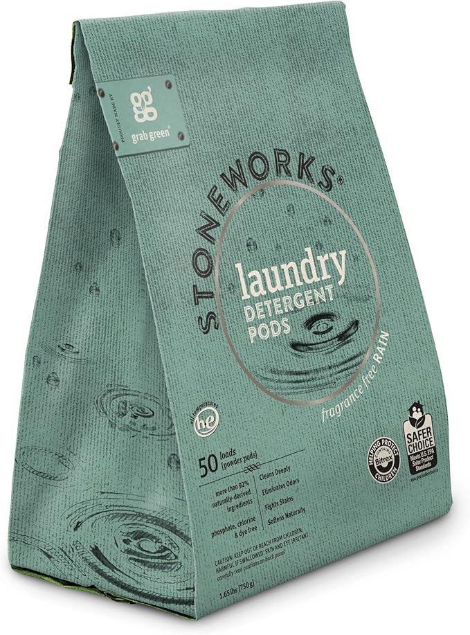 Grab Green Stoneworks Laundry Detergent Pods, Powered by Naturally-Derived Plant & Mineral-Based Powder Pods, Fragrance Free Rain, 50 Count (Pack of 1) Loads-EPA Safer Choice Certified
