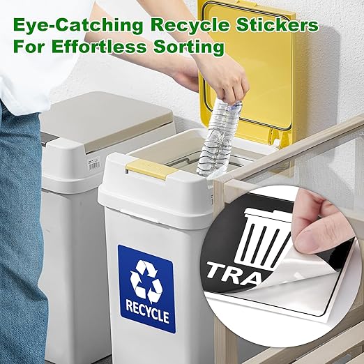 Trash and Recycle Stickers for Bins, 4-Piece Set Waterproof Self Adhesive Recycling Stickers for Trash Cans Waste Signs for Home, Kitchen, Office Indoor & Outdoor Use