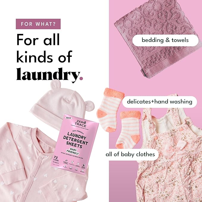 ZERO TRACE Baby Friendly Laundry Detergent Sheets, 72 Loads - Eco Friendly, All Natural, Hypoallergenic, Biodegradable - Sheet Laundry Soap for Sensitive Skin