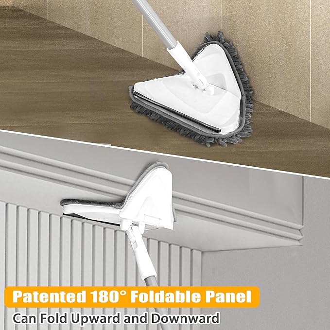 JEHONN Wall Mop with Long Handle 80 inches, Upgraded 180° Collapsible Baseboard Cleaner Tool with Squeegee, Ceiling Duster with 1 Microfiber and 1 Chenille Pad for Cleaning Window, Cabinet (White)