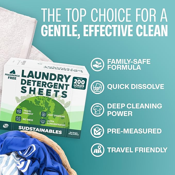 Sudstainables Laundry Detergent Sheets 200 Loads – Dissolvable Laundry Sheet for Washing Machines, Compact Alternative to Liquid & Powder Detergent, Travel-Friendly Soap | Fragrance Free