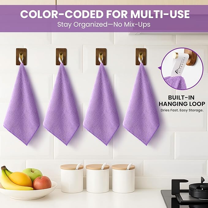 Microfiber Cleaning Cloth, 12 Pack Purple Cleaning Rags for Housekeeping, Reusable Microfiber Towels for Car, Kitchen, Bathroom and Household Cleaning Supplies, 11.8"X11.8"