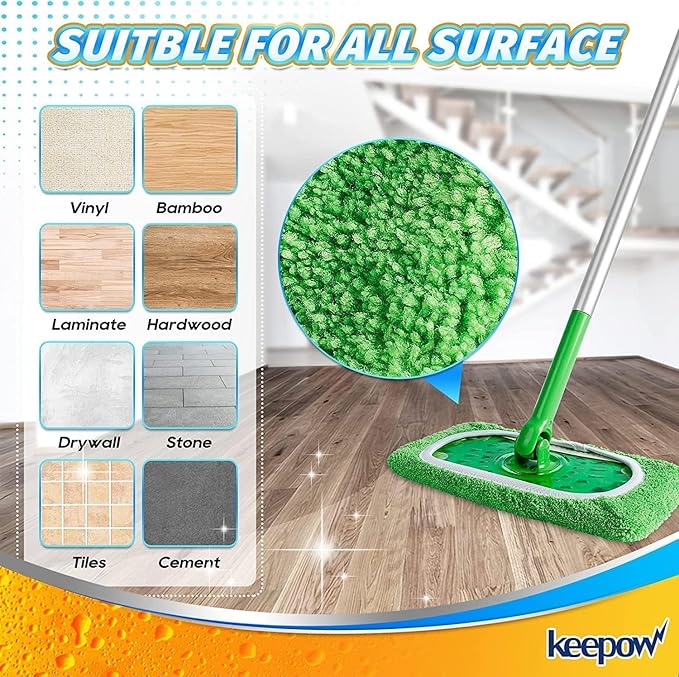 KEEPOW Reusable Microfiber Mop Pads Compatible with Swiffer Sweeper, 4 Pack Dry Sweeping Cloths & Wet Mopping Cloths, Washable Wet Pads Refill for Mopping Floors