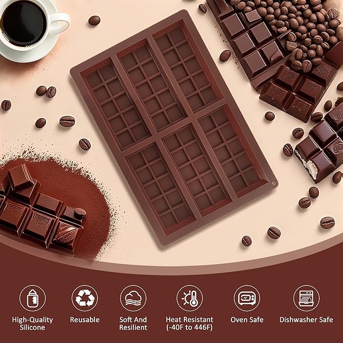 Silicone Chocolate Bar Mold - Non-Stick Durable Deep Dubai Chocolate Molds for Candy Bars, Dubai Pistachio, Energy & Protein Bars (10 Snap), Dishwasher Safe