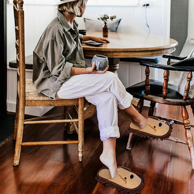 Liitrton Mop Slippers Cartoon Mop Shoes, Washable Microfiber Slippers for Floor Cleaning, Detachable Mopping Slippers for Women Home Floor Cleaning Tools (Brown, Women 7-9/Men 5-7)