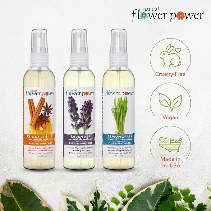 Natural Flower Power Air Freshener Spray - Odor Eliminator with Essential Oils for Home, Car & Fabric - Cruelty Free & Vegan - Variety Pack - Citrus & Spice + Lavender + Lemongrass - 3 x 4 fl oz