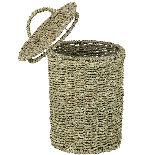 Boho Wicker Trash Can with Lid,Waterproof Bathroom Trash Can Hand Woven Wicker Waste Baskets for Kitchen Office Bedroom