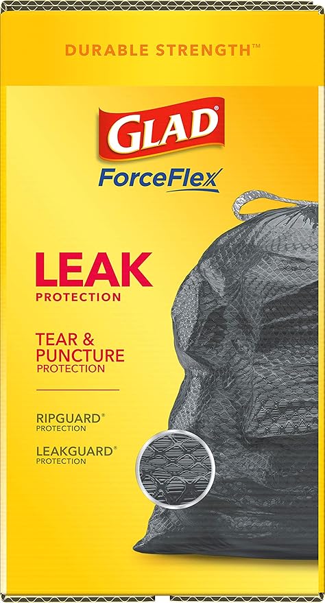 Glad ForceFlex Trash Bags 30 Gallon | Black | LeakGuard Protection | Stretchable Strength | 68 Count, Pack of 4