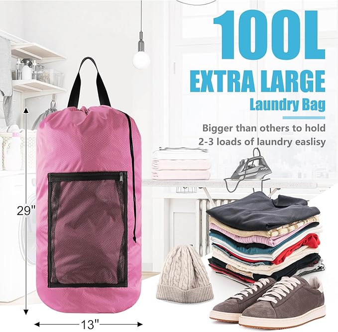 Laundry Bag Backpack, Extra Large Travel Laundry Bag with Mesh Pocket & Adjustable Shoulder Straps,Dirty Clothes Travel Bag for College Students Dorm,Apartment(Pink)