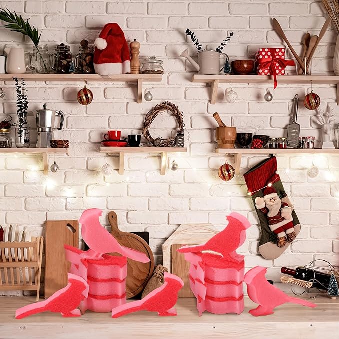 Tioncy 12 Pack Christmas Red Bird Kitchen Sponges Red Cardinal Bulk Dual Sided Scrubber Sponges Dishwashing Kitchen Cleaning Accessories for Christmas Xmas Household Supplies