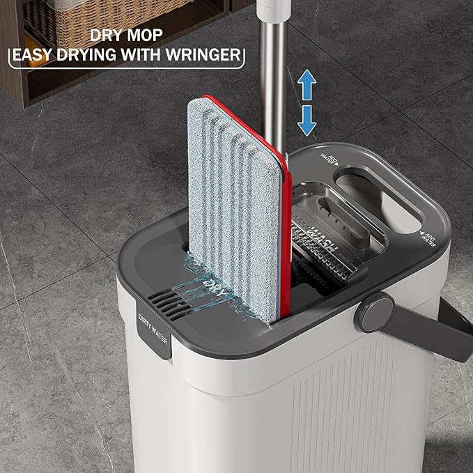 Mop and Bucket Set, Flat Mop and Bucket System with Separate Dirty and Clean Water, 3-Compartment Wall Cleaner Mop, Flat Mops for Floor Cleaning with 4 Microfiber Pads