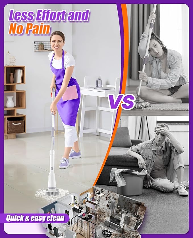 NBONEBS Electric Spin Scrubber, Cordless Shower Scrubber Rotary Floor Brushes & Pad Drivers with 6 Brush Heads - 2H Dual Speed, IPX7 Waterproof Extension Handle for Bathroom Tile Car Cleaning (White)