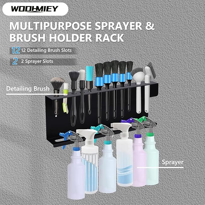 Wall Mounted Spray Bottle Holder and Detailing Brush Rack, Car Detailing Organizer with 12 Brush Slots and 2 Spray Bottle Holders, Garage Wall Organizer Tool Storage Rack for Auto Detailing