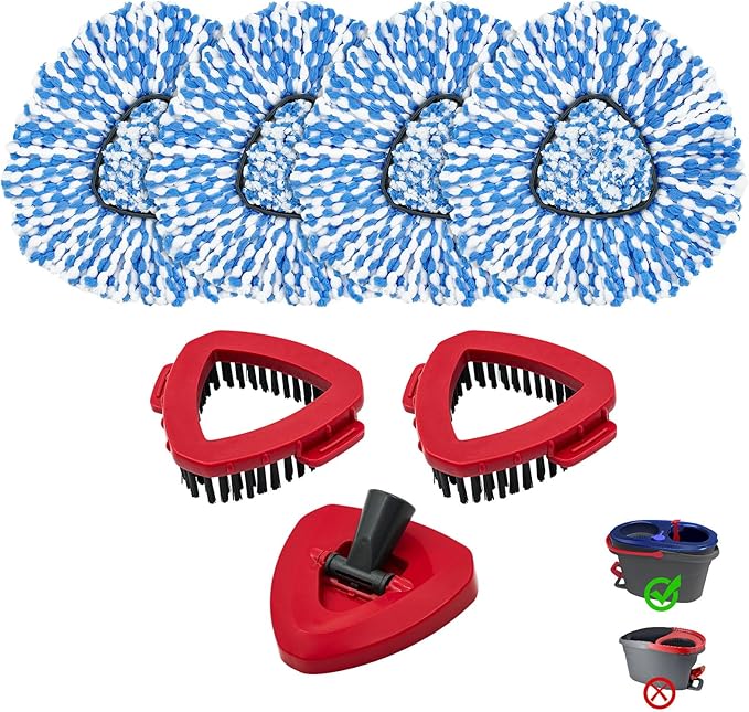 Mop Heads Replacements for O-Cedar RinseClean 2-Tank Spin Mop, Mop Replace Head for O Cedar, Mop Heads Include 4 Pack Mop Refills, 2 Scrubber Mop Heads, 1 Mop Base, Reusable, Easy to Replace