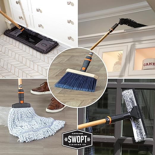 SWOPT 7-Piece Ultimate Indoor Kit — Includes 48” and 60” Wooden Handles, Dust Mop, Cotton Mop, Angle Broom, Flexible Duster, Window Squeegee, and Organizer — Everything You Need to Clean Indoors