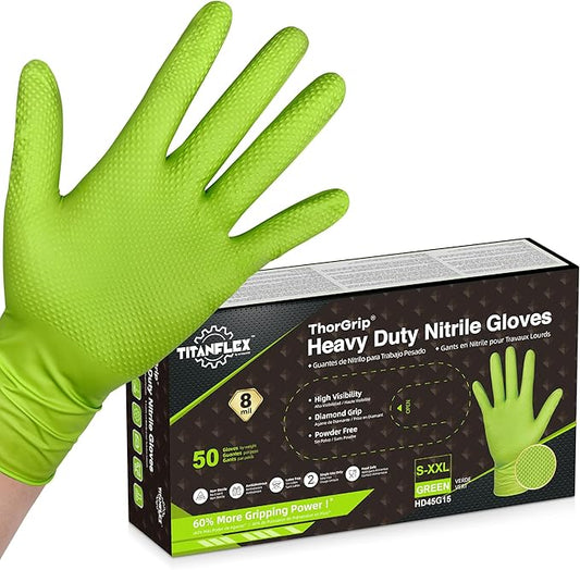 TitanFlex Heavy Duty Green Industrial Nitrile Gloves with Raised Diamond Texture, 8-mil, Latex Free, Powder Free