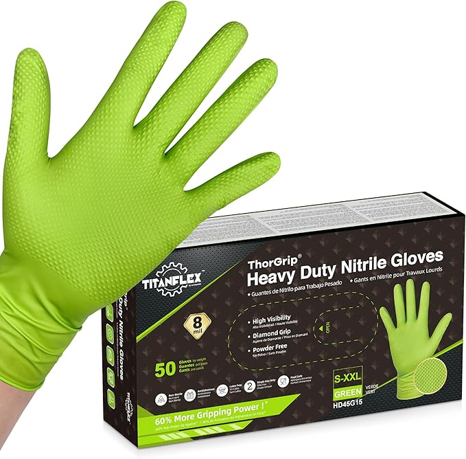 TitanFlex Heavy Duty Green Industrial Nitrile Gloves with Raised Diamond Texture, 8-mil, Latex Free, Powder Free