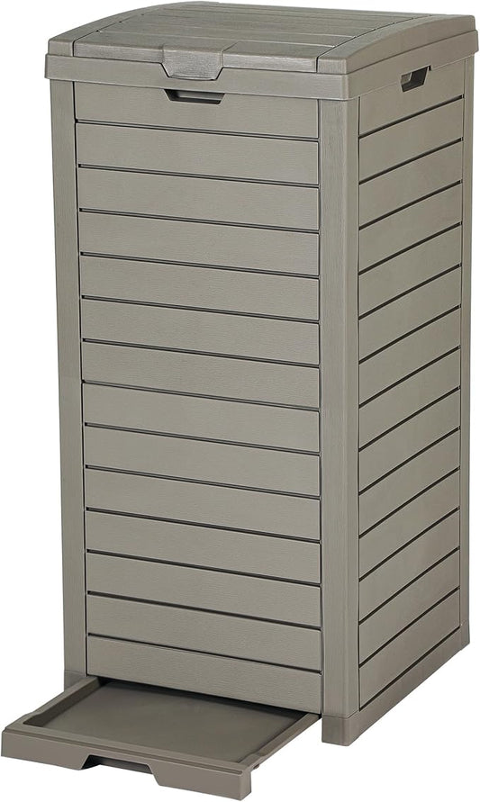 DWVO 38 Gallon Large Outdoor Trash Can, Waterproof Resin Hideaway Garbage Bin with Lid and Drip Tray, Outside Trash Bin for Porch, Backyard, Deck, Patio, Poolside, Easy to Clean, Taupe