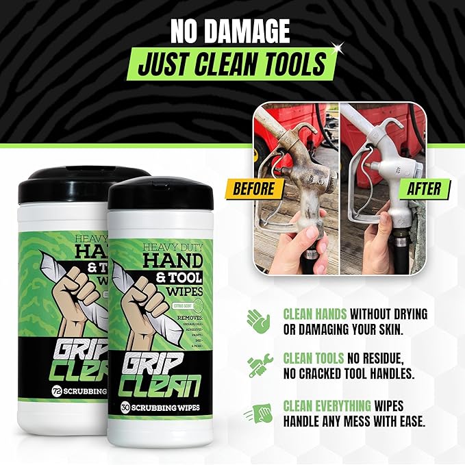 Grip Clean Heavy Duty Hand & Tool Cleaning Wipes – Waterless Hand Cleaner for Mechanics, Garage & Shop Use – Dual-Sided Grease, Oil & Paint Remover Wipes with Citrus Scent - 30ct