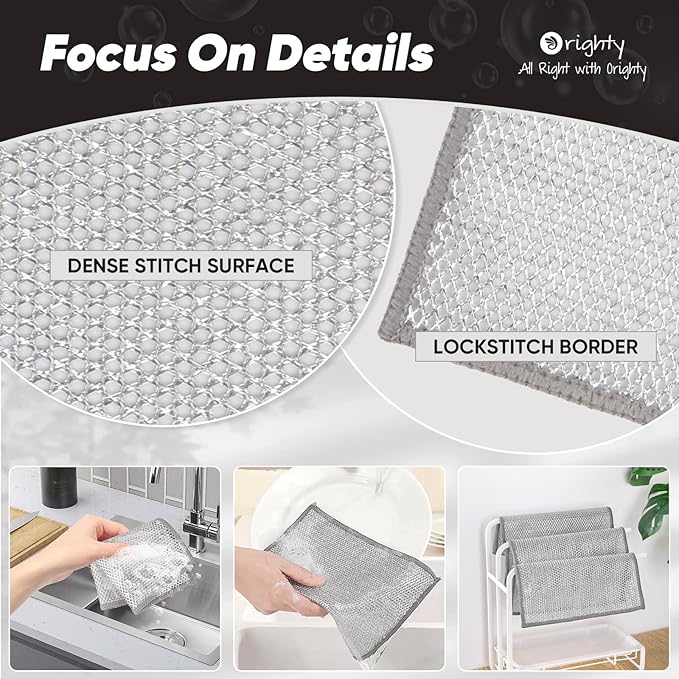 Orighty 24 Pcs Multipurpose Wire Dishwashing Rag, Non-Scratch Wire Dish Cleaning Cloths for Wet and Dry, Reusable Steel Scrubber for Kitchen, Powerful Dishcloth Rag for Cookware, Dish, Stove-7"x8"