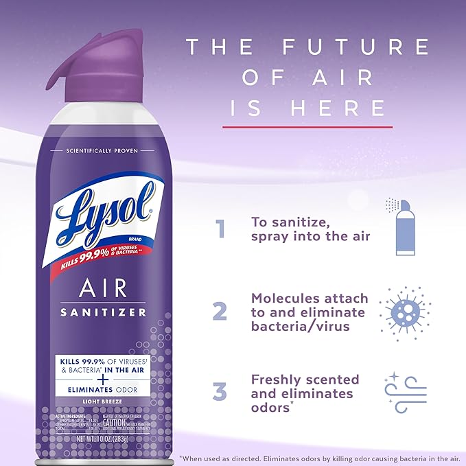 Lysol Air Sanitizer Spray with Odor Eliminator for Home & Office, Sanitizing Spray, Air Freshener Alternative, Light Breeze Scent, 10 oz (Pack of 3)