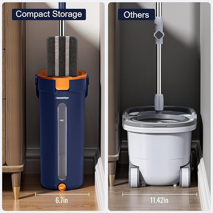 Mop and Bucket Set with Wringer, 3-Tank Flat Mop and Bucket System, Wall Mop Cleaner with Long Handle, Hands Free Mops for Floor Cleaning with 4 Microfiber Pads