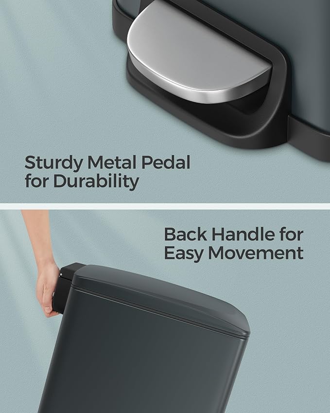 SONGMICS Slim Trash Can, 13-Gallon (50 L) Garbage Can for Narrow Spaces with Soft-Close Lid, Inner Bucket, and Step-on Pedal, Stainless Steel, 15 Trash Bags Included, Charcoal Gray ULTB510G01