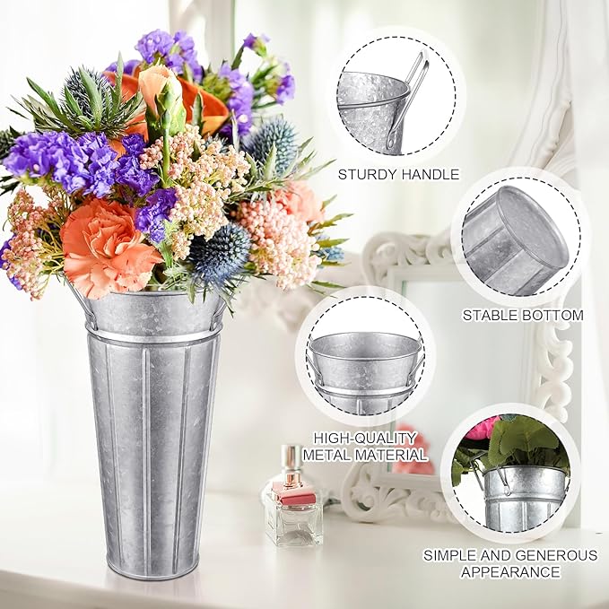 Lallisa 24 Pcs Metal Vases 9 Inch Galvanized French Farmhouse Flower Buckets with Handles and Hemp Rope, Vintage Style Flower Containers for Country Wedding Party Table Centerpiece Decor(Silver)