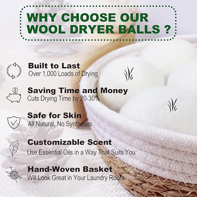 New Zealand Wool Dryer Balls | 7-Pack in Handmade Basket | Speed Up Drying & Reduce Wrinkles | Natural Reusable Fabric Softener