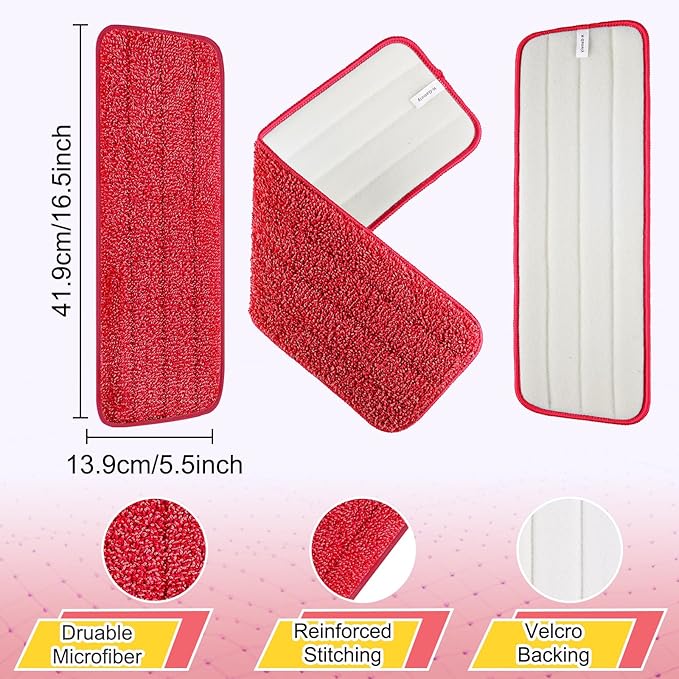 Set of 3 Microfiber Spray Mop Replacement Heads for Wet/Dry Mops Reusable Replacement Refills Fits for Bona Floor Care System (red)