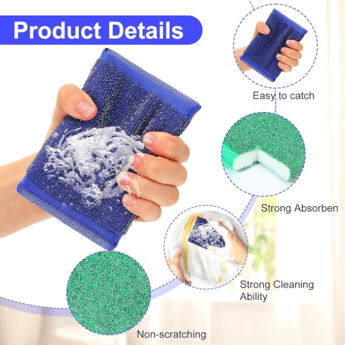 24 Pack Steel Scrub Sponges, Non-Scratch Metal Dish Scrubbers Heavy Duty Scouring Pads Kitchen Metal scrubbers for Pots Pans Cleaning Red Blue Green Yellow 4 Color