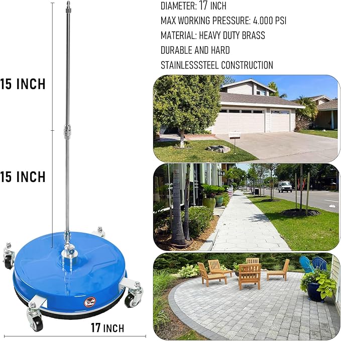 17" Pressure Washer Surface Cleaner with 4 Wheels, Coated Blue Stainless Steel Power Washer Surface Cleaner for Driveway Sidewalk, 1/4" Quick Connector, 2 Extension Wand, 4000 PSI