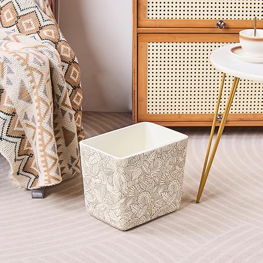 Rustic White Tropical Leaves Carved Small Bathroom Trash Can 2.5 Gallon(9 Liter), Resin Heavy Sturdy Kitchen Garbage Can,Living Room Bedroom Trash Can, Decorative Wastebasket for Home, Garden, Office